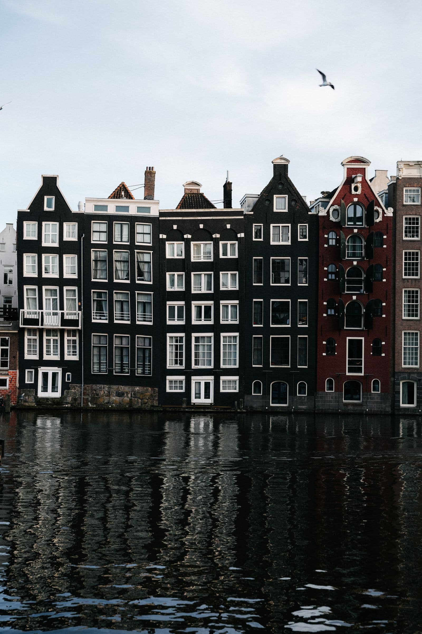 Kanalhus med gavler langs vannet i Amsterdam